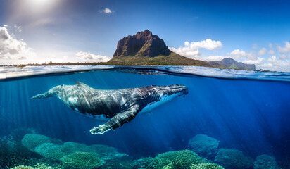 Indian Ocean, Mauritius Whale and humpback whale and vibrant coral reefs and sea Turtles. Mauritius island under waterfall, Mauritius undersea, Mauritius sea, humpback whale © karacacennet
