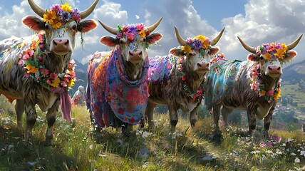 Obraz premium Four cows adorned with colorful flowers and shawls stand in a grassy field against a backdrop of blue sky and mountains.