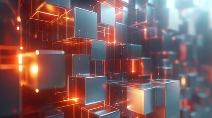 Fototapeta premium Abstract 3D background with glowing lines and cubes.