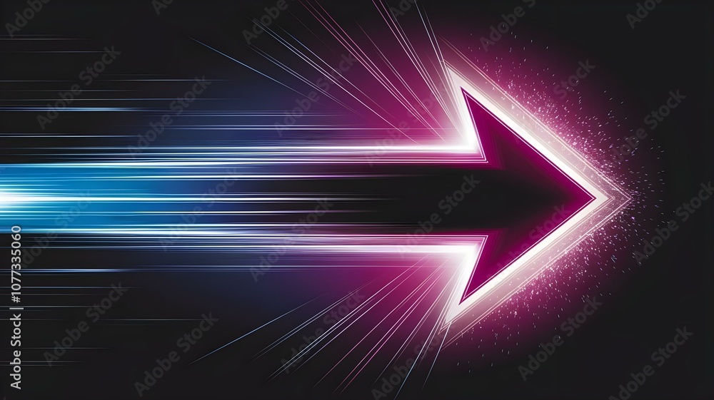 Poster dynamic neon arrow design with speed lines on a dark background for technology and directional theme