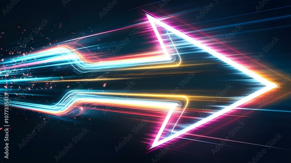 Poster dynamic neon arrow with colorful light trails and sparks, representing speed and direction, ideal fo
