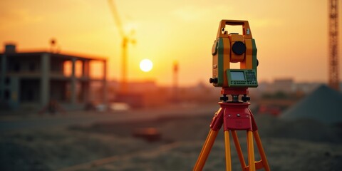 A surveyor's instrument captures the sunset on a construction site, symbolizing precision in land measurement and development.