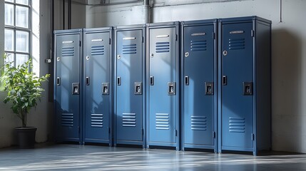 Row of Blue Lockers in a School Hallway