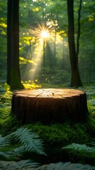 Sun Rays Through Forest Canopy with Tree Stump