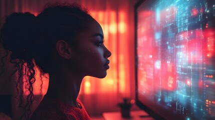 Woman Looking At Computer Screen With Data