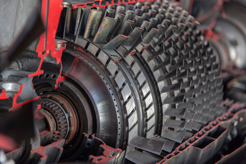 Model of jet engine cutaway showing blades and turbine