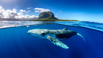 Indian Ocean, Mauritius Whale and humpback whale and vibrant coral reefs and sea Turtles. Mauritius island under waterfall, Mauritius undersea, Mauritius sea, humpback whale © karacacennet