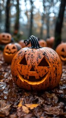 Carved Pumpkin in a Forest