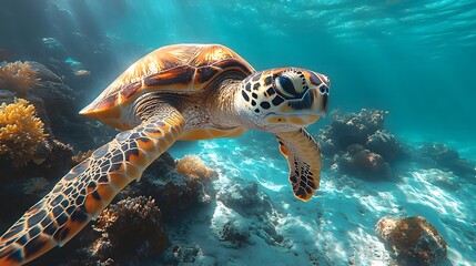 Sea Turtle Swimming in a Coral Reef