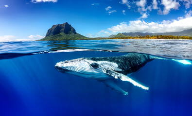 Indian Ocean, Mauritius Whale and humpback whale and vibrant coral reefs and sea Turtles. Mauritius...