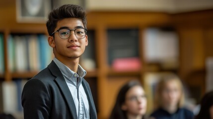 Obraz premium A Young Man in Glasses and a Suit Jacket Stands Before a Blurred Library Background