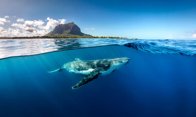 Indian Ocean, Mauritius Whale and humpback whale and vibrant coral reefs and sea Turtles. Mauritius island under waterfall, Mauritius undersea, Mauritius sea, humpback whale  © karacacennet