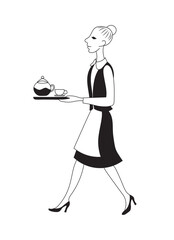 Waitress carries tray with tea pot and cup. Vector black and white image.