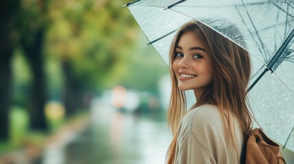 Smiling Girl With Umbrella in the Rain