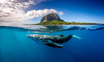 Indian Ocean, Mauritius Whale and humpback whale and vibrant coral reefs and sea Turtles. Mauritius island under waterfall, Mauritius undersea, Mauritius sea, humpback whale	