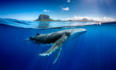 Indian Ocean, Mauritius Whale and humpback whale and vibrant coral reefs and sea Turtles. Mauritius island under waterfall, Mauritius undersea, Mauritius sea, humpback whale