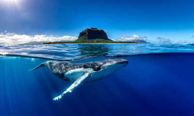 Indian Ocean, Mauritius Whale and humpback whale and vibrant coral reefs and sea Turtles. Mauritius island under waterfall, Mauritius undersea, Mauritius sea, humpback whale © karacacennet