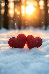 Fototapeta premium Red hearts scattered across the snow, surrounded by a peaceful, softly blurred forest setting for a romantic Valentine's Day