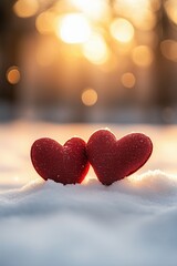 Obraz premium Red hearts lying in the snow, surrounded by the soft, blurred beauty of a winter forest, perfect for a Valentine's Day celebration