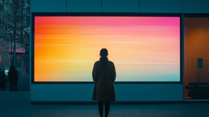 Obraz premium a large digital display on the front. the screen shows a vibrant gradient. a person stands in front of the screen 