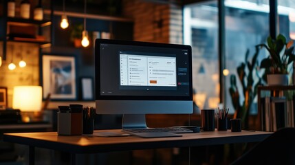 Modern Office Desk with Computer Screen Displaying Software Interface