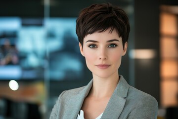Obraz premium Elegant businesswoman with modern hairstyle in office setting