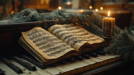 An antique piano adorned with a vintage music score and a flickering candle in a dimly lit room...