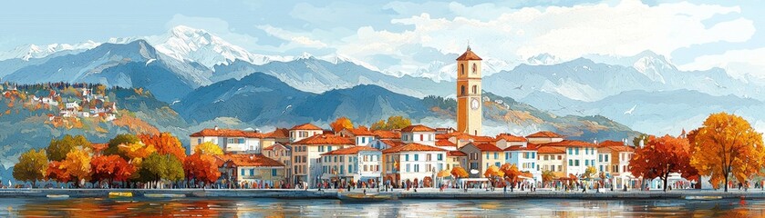A picturesque lakeside village surrounded by mountains, featuring autumn colors and a prominent clock tower.
