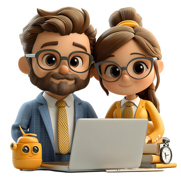 A dynamic 3D animation of a businessman and businesswoman teaming up on a laptop, set in a whimsical cartoon style and isolated on a white backdrop.