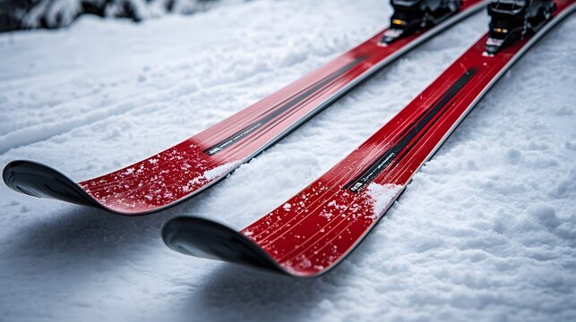 Vivid red skis standing in soft untouched snow under bright sunshine. Skiing, winter recreation and thrilling alpine adventures in mountains