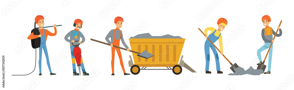Poster man miner character in uniform and hard hat work underground vector set
