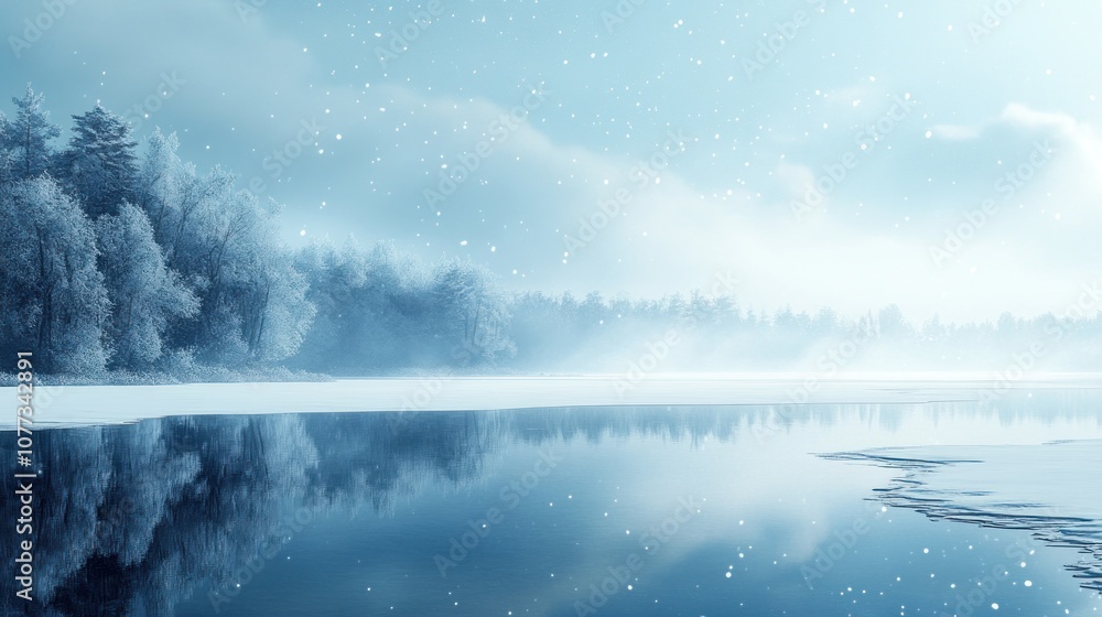 Aufkleber a serene winter scene with a snow-covered forest reflected in a frozen lake. the image features a pe