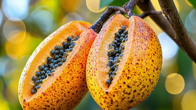 Discovering the Vibrant Beauty of Yellow Sapote Fruit Growing on Trees in a Tropical Garden in Early Morning