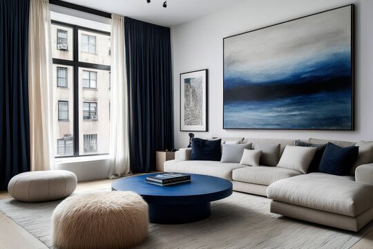 This space showcases a sophisticated blend of both minimalist and Japandi styles, adorned with a cozy blue sofa, a charming round table, and an array of stylish decor elements that enhance its beauty
