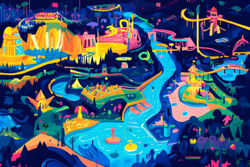 A lively amusement park sparkles at dusk with colorful lights and exciting attractions