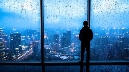 Fototapeta premium A lone man looks out of a high-rise window at a cityscape during a rainstorm.