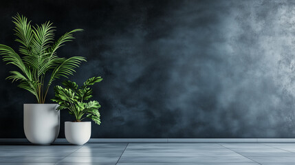 Fototapeta premium Lush green plants in decorative white pots, set against a matte dark wal