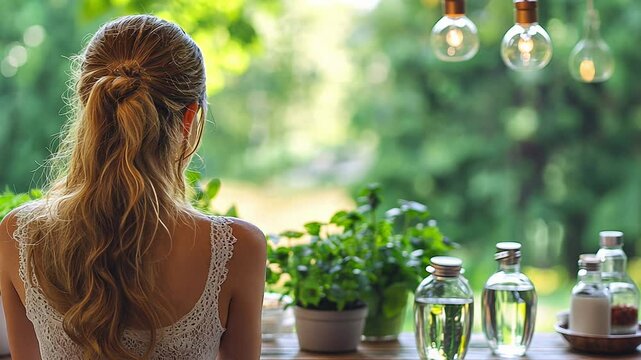 A Serene Moment of Reflection by a Window in a Sunlit Kitchen With Greenery and Herbal Bottles in the Background