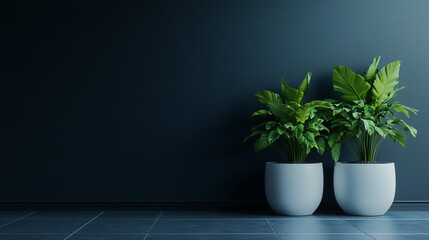 Fototapeta premium Lush green plants in decorative white pots, set against a matte dark wal