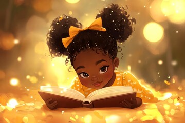 a little black girl lying on her reading a book 