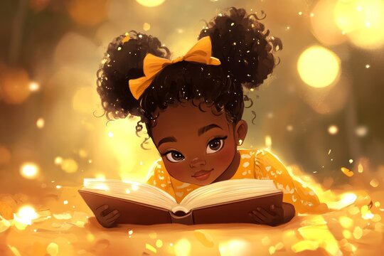 a little black girl lying on her reading a book 
