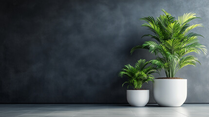 Fototapeta premium Lush green plants in decorative white pots, set against a matte dark wal