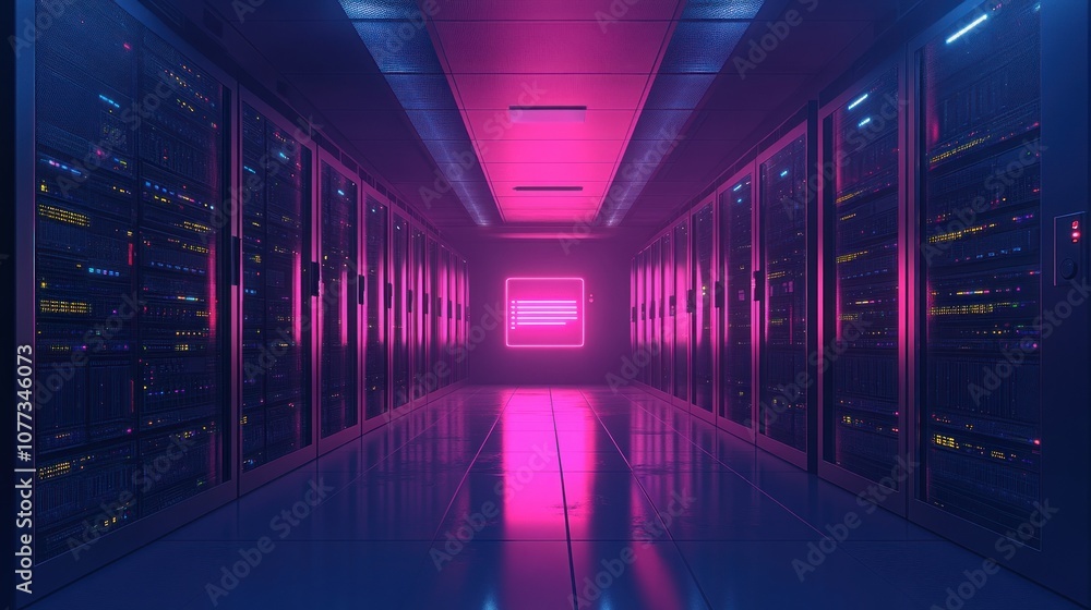 Poster a long hallway of server racks in a data center with a pink glow.