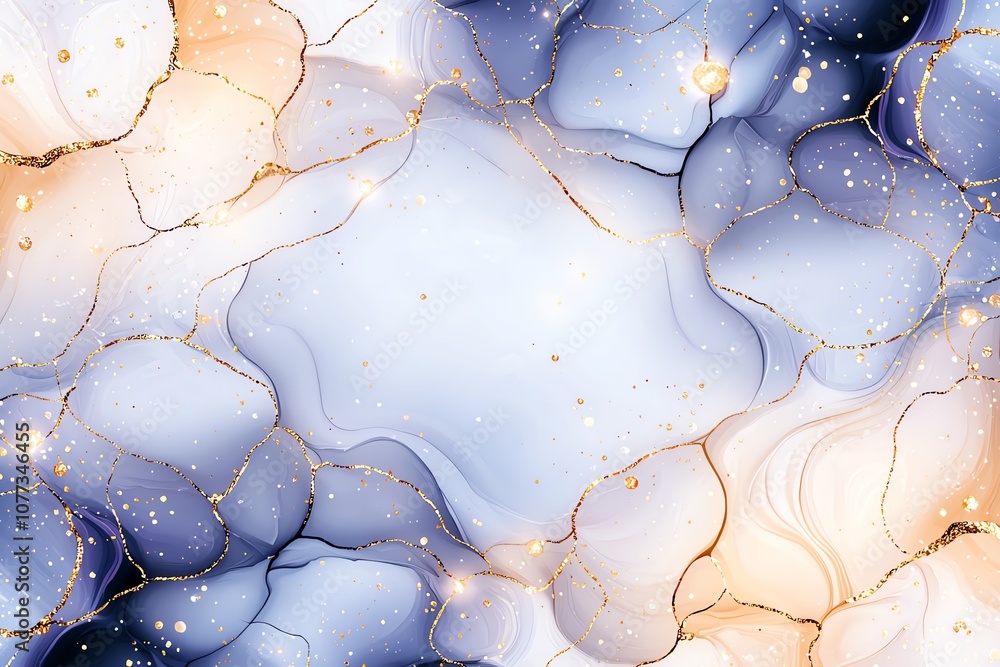 Poster abstract art with flowing blue and gold marbled patterns, creating a serene and elegant visual textu