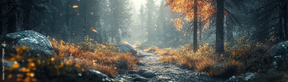Aufkleber a serene forest scene with sunlight filtering through trees, illuminating a stream and vibrant folia