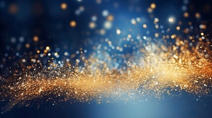 Abstract sparkling texture with golden particles and blue lights.