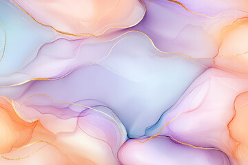 Obraz premium Abstract pastel waves blending softly together, creating a tranquil and harmonious visual with hues of purple, peach, and blue.