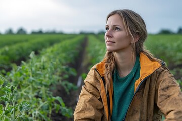 Hopeful farmer looking at sky over green field
