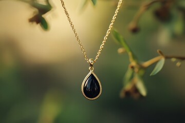 Fototapeta premium Black stone necklace, pendant, a small onyx teardrop pendant, set in a delicate antique gold frame,