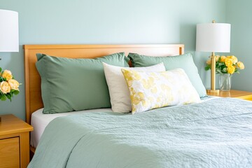 Elegant bedroom featuring sage green bedding and golden lamps with a calming atmosphere